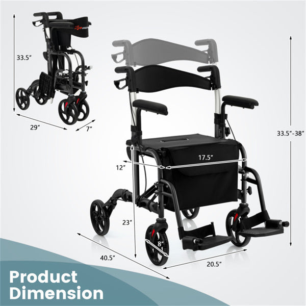 2-in-1 Rollator Walker and Wheelchair - 300lbs Capacity, Adjustable Handles, Black