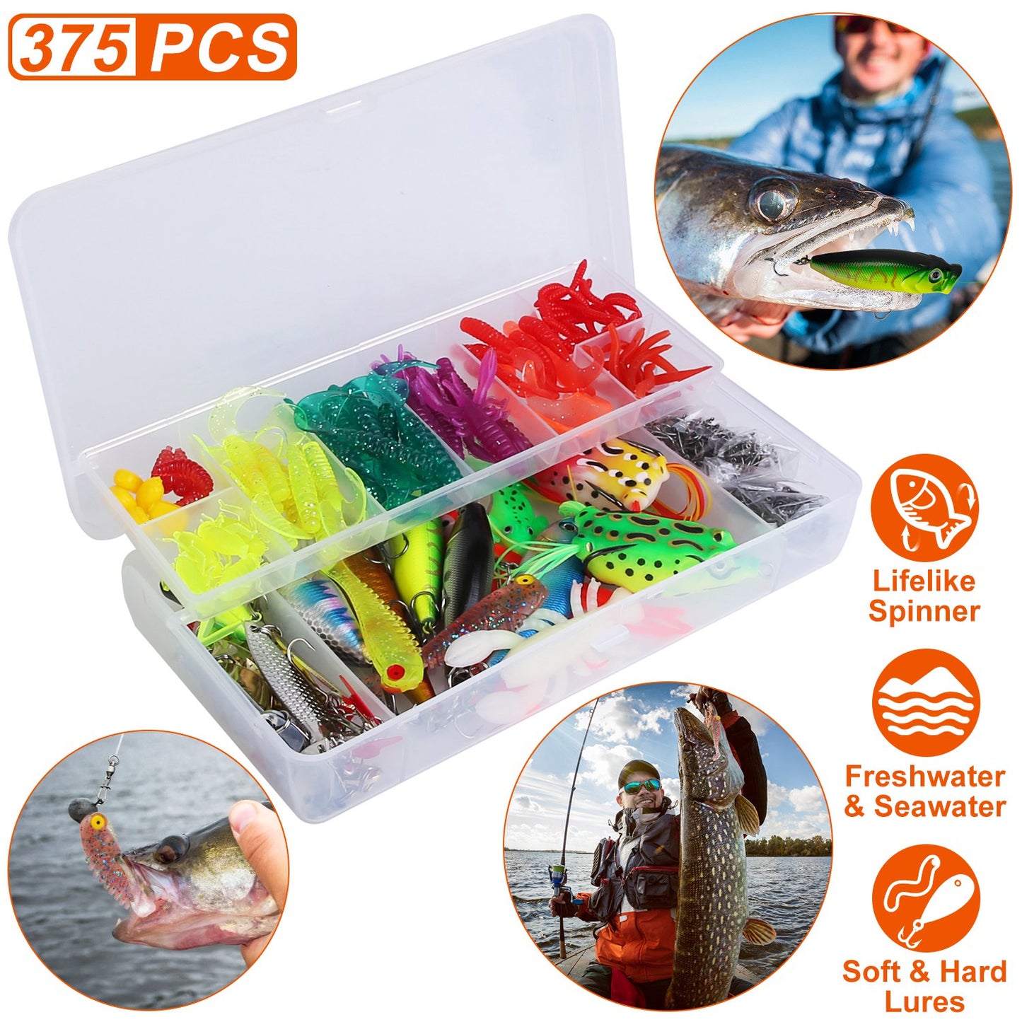 375-Piece Fishing Lure Kit with Tackle Box for Freshwater & Saltwater