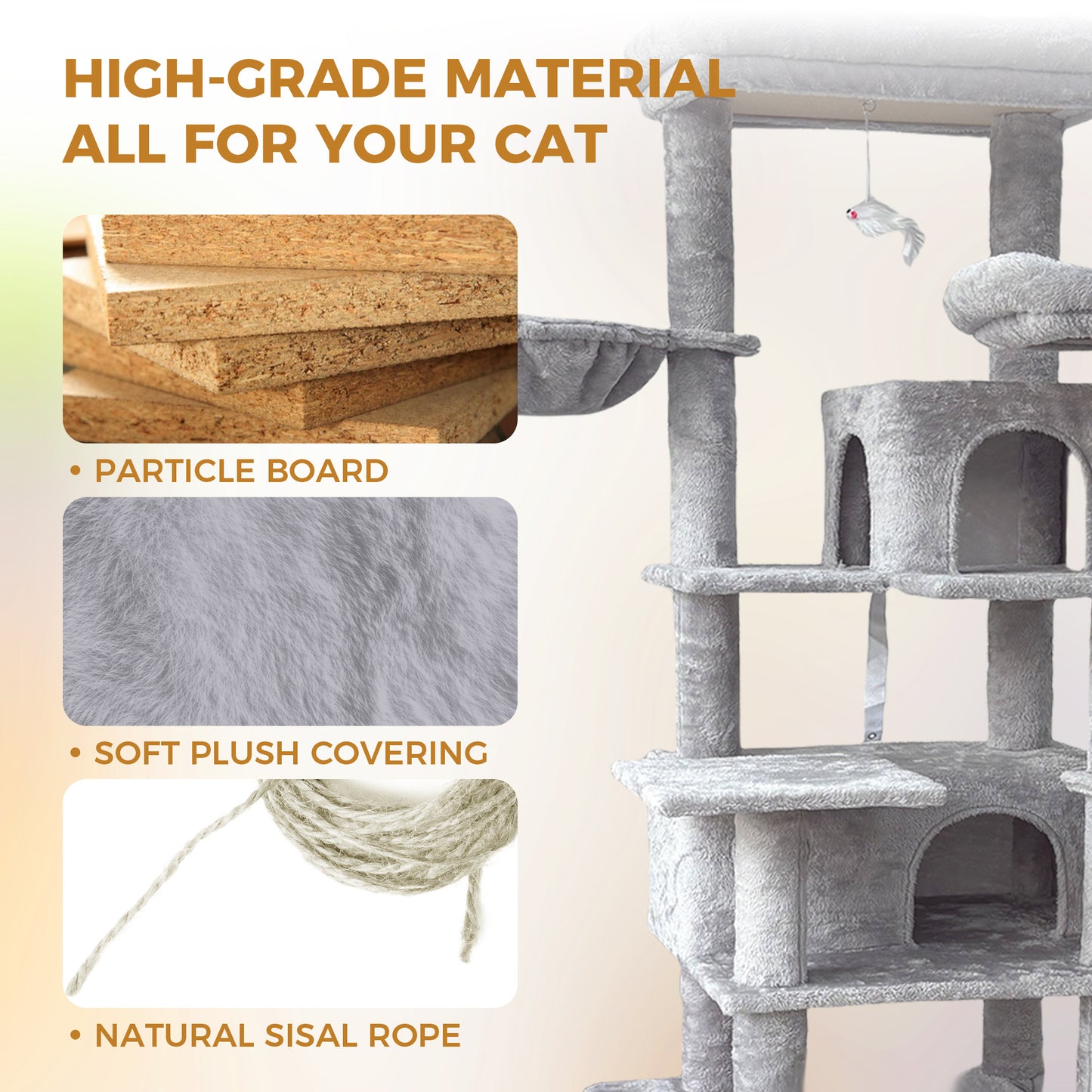 68-Inch Multi-Level Cat Tree with Hammocks and Scratching Posts - Light Gray