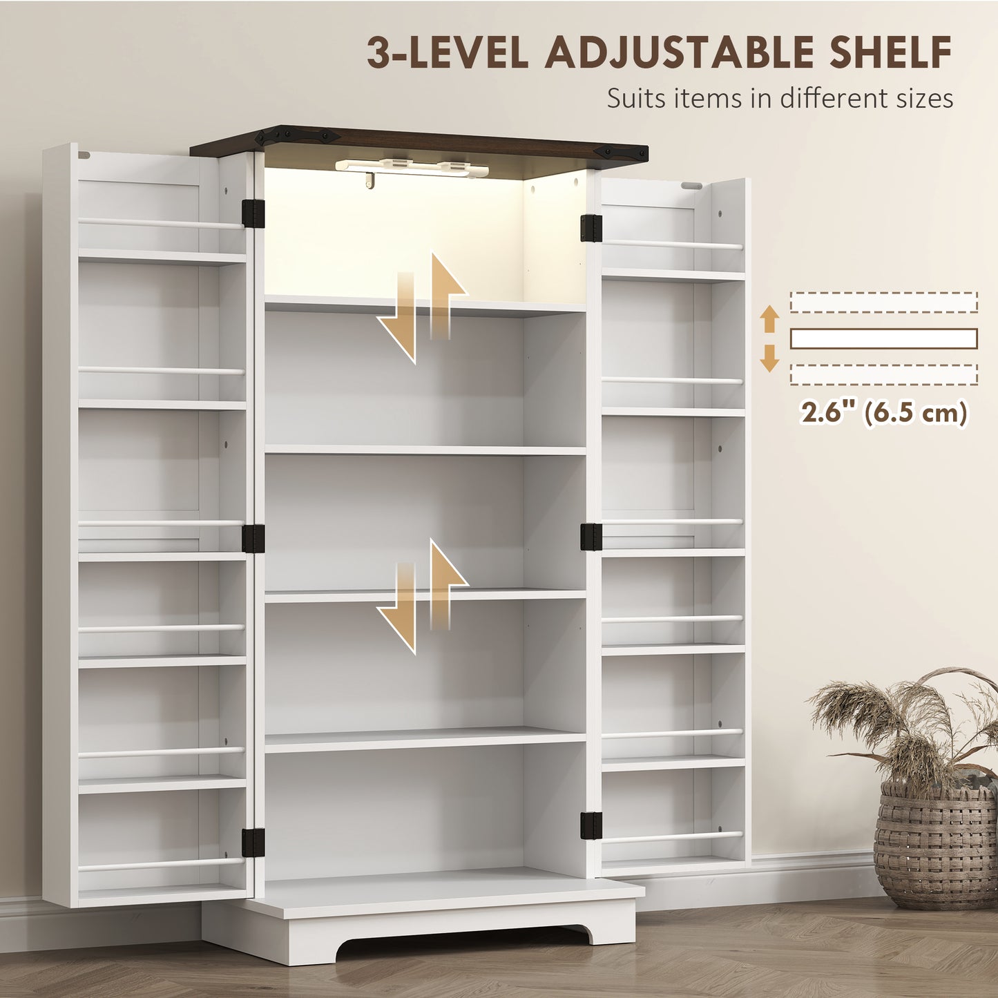 47" White Kitchen Pantry Cabinet with LED Light & Adjustable Shelves