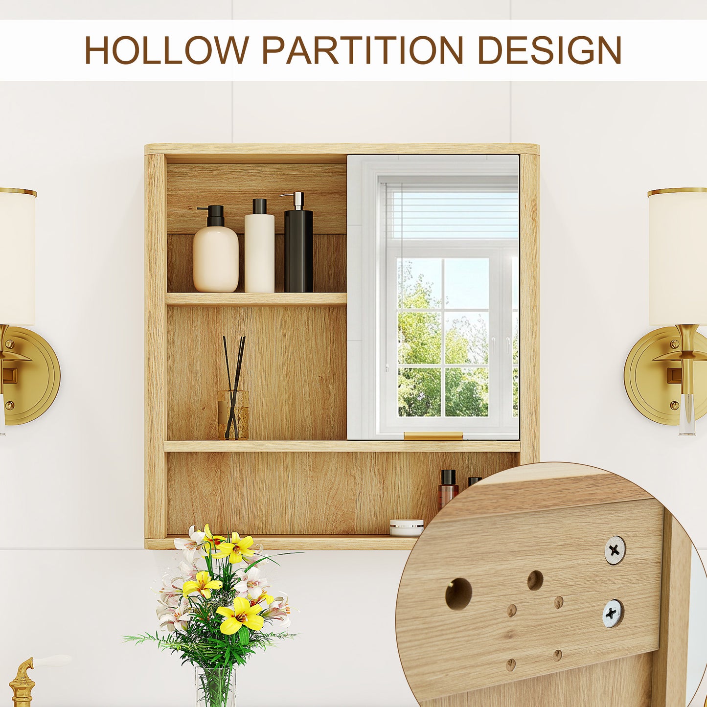 Wall Mounted Mirror Cabinet - Natural Wood Finish MDF Organizer