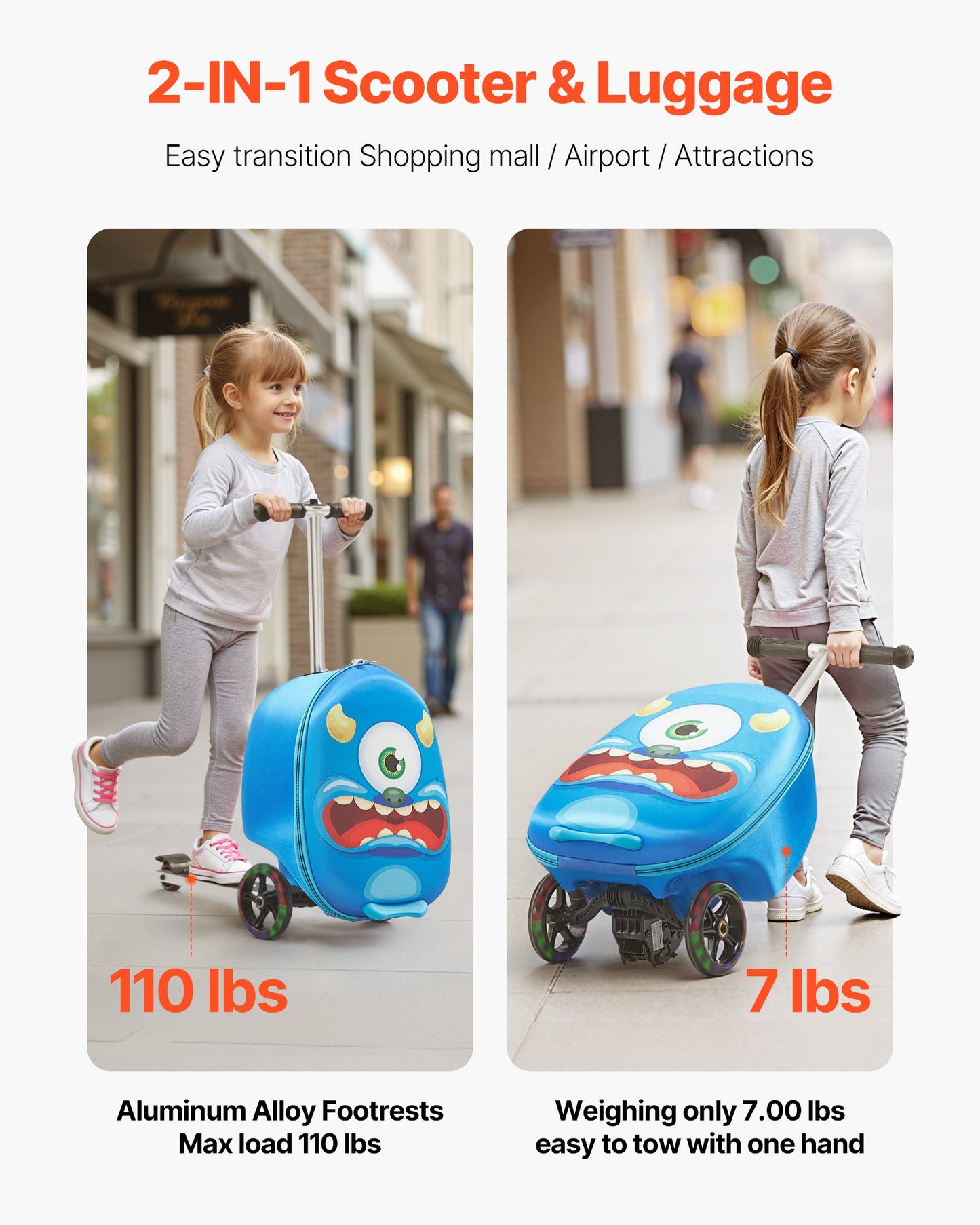 Kids Ride-On Luggage Scooter Suitcase 20-Inch Blue with Flash Wheels