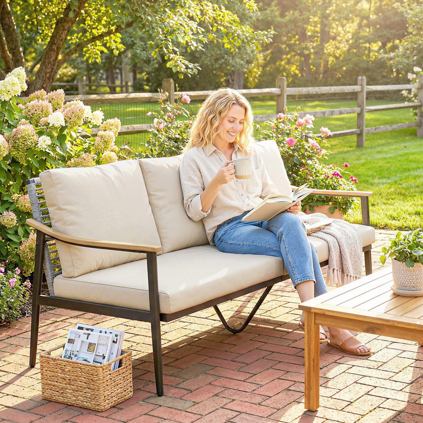 Outdoor Patio Sofa for 3 - Wicker Couch with Cushions, Khaki
