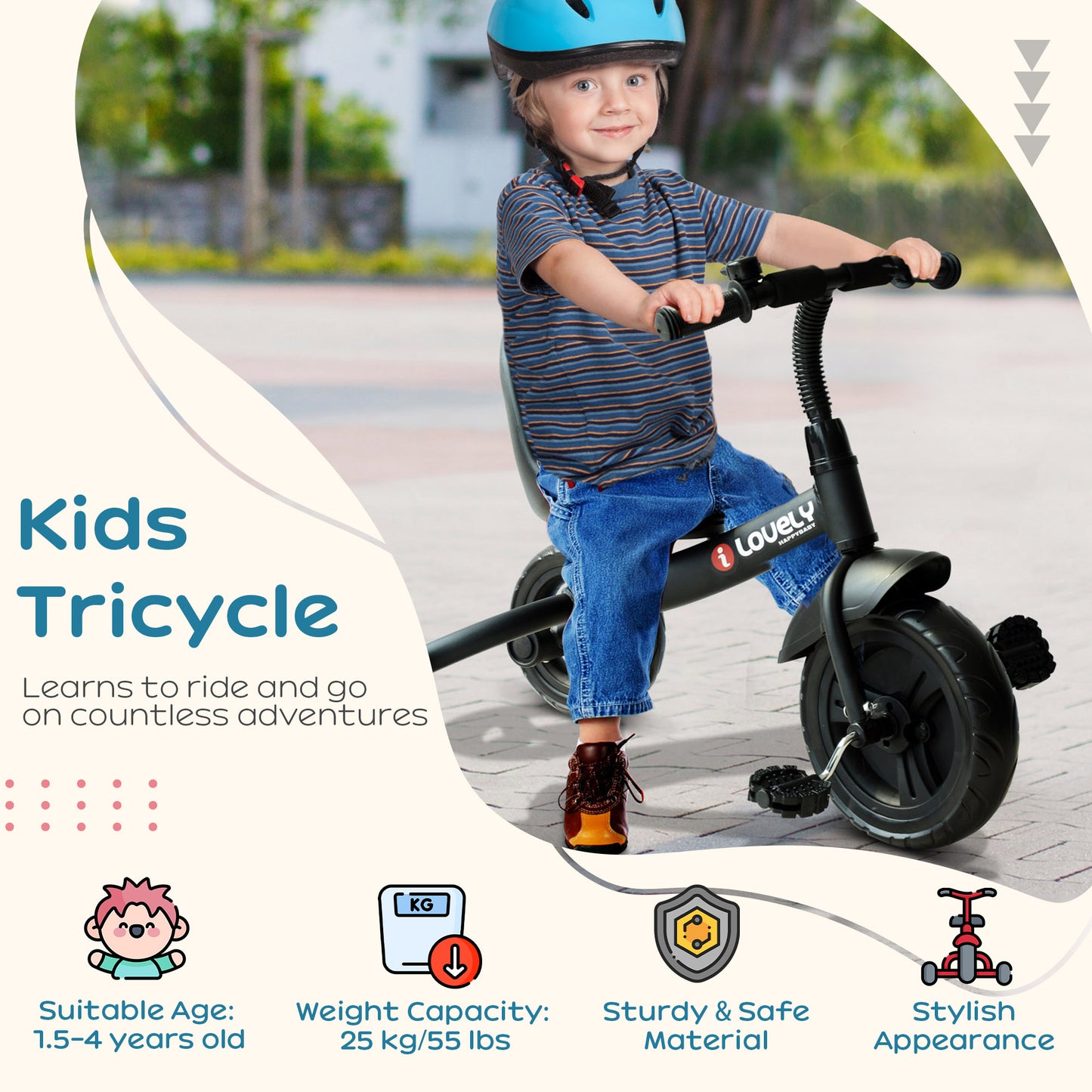 3-Wheel Indoor Outdoor Toddler Tricycle with Bell - Black