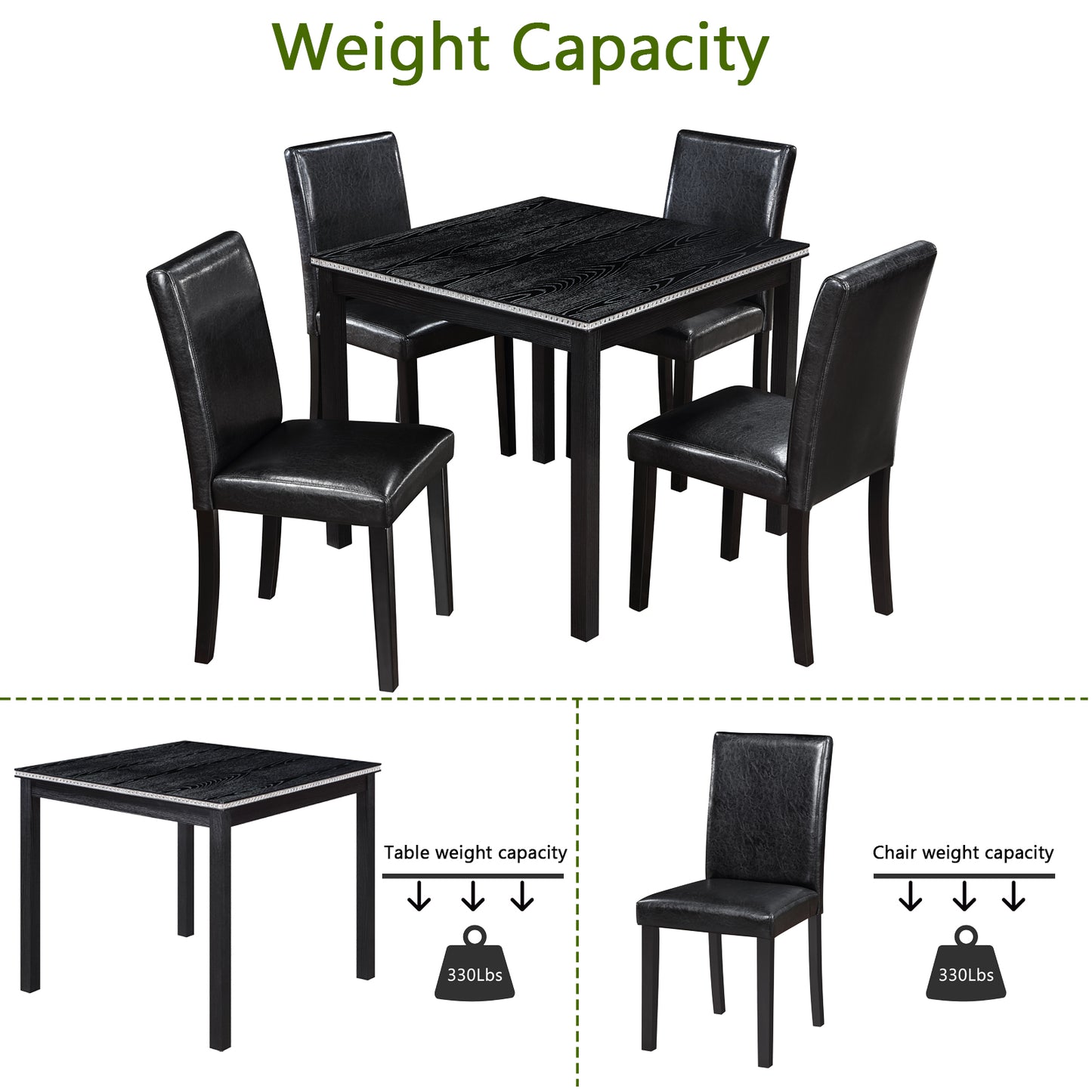 5-Piece Black Wooden Dining Table Set with Upholstered Chairs