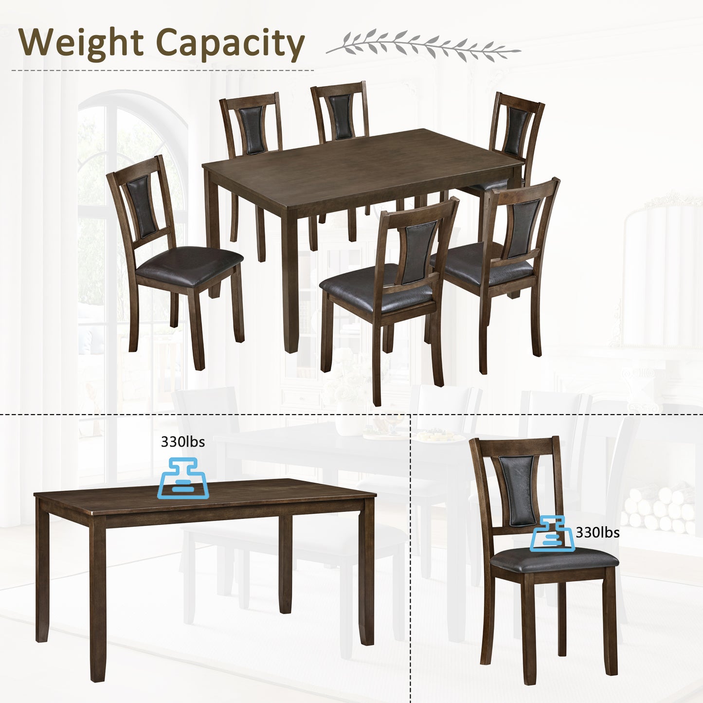 Modern 7-Piece Dining Table Set with 6 Upholstered Chairs - Walnut