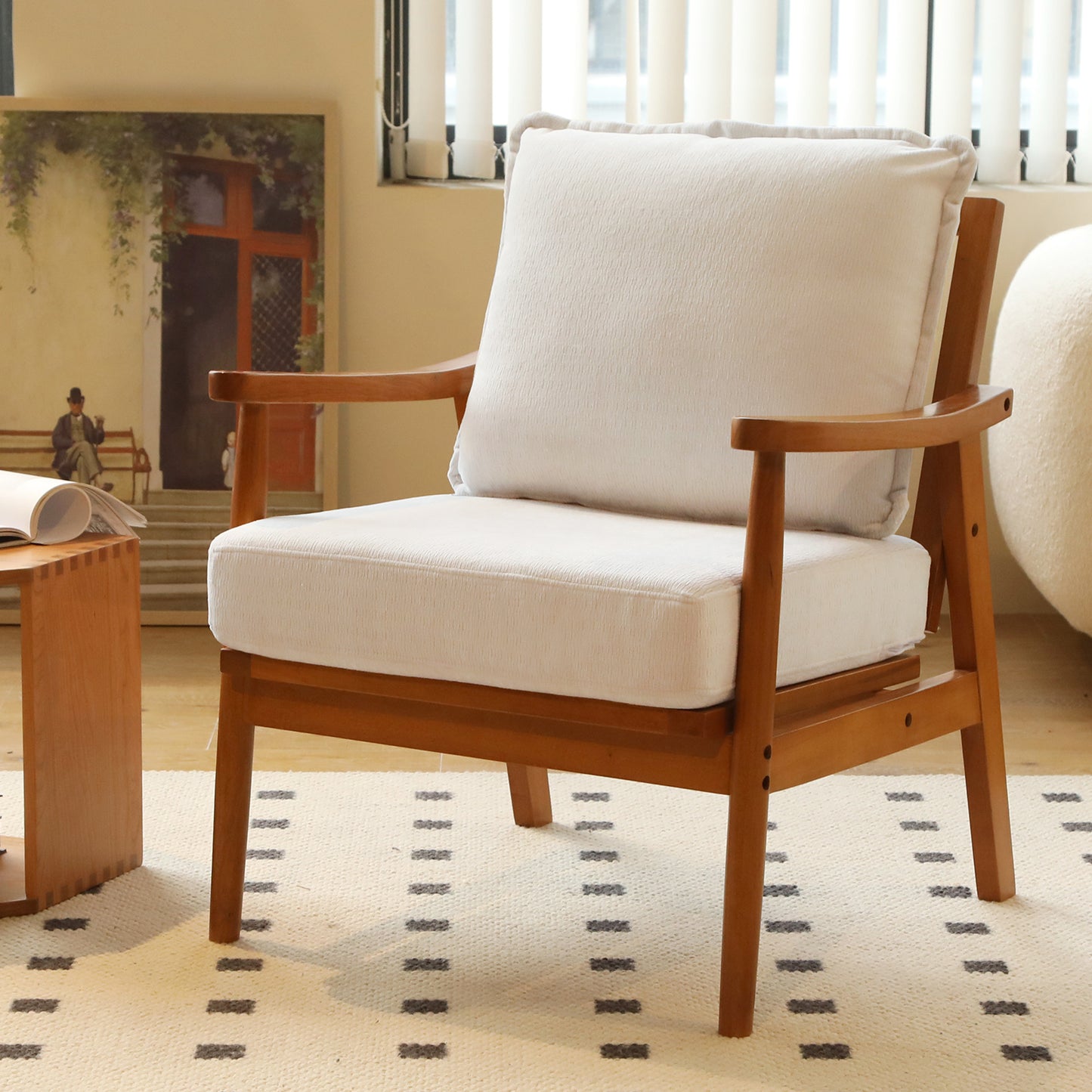 Accent Chair with Solid Wood Frame - White Fabric Cushion