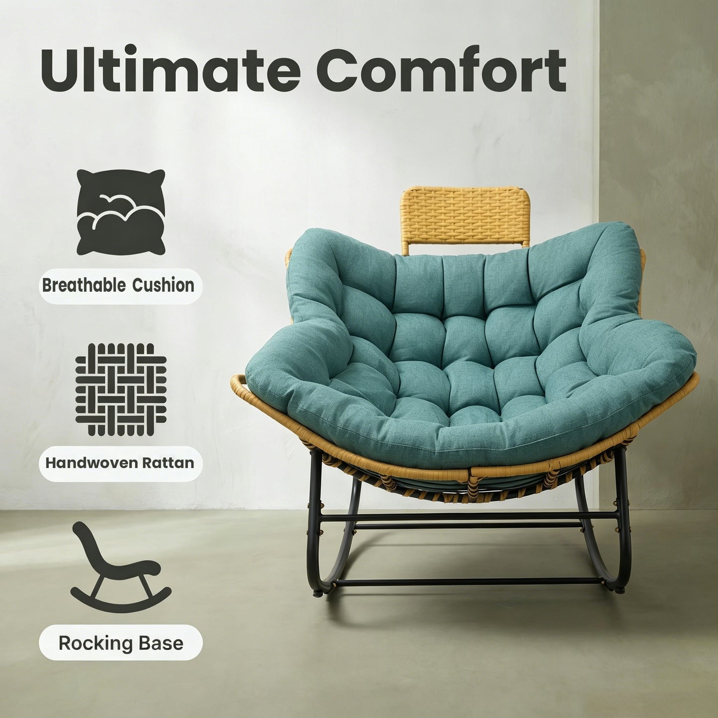Oversized Green Papasan Rocking Chair with Thick Cushion
