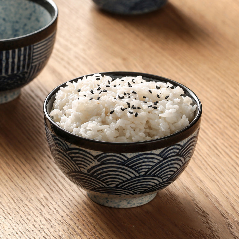 Cute Hand-Painted Porcelain Rice Bowl with Blue & White Sea Ripple Style