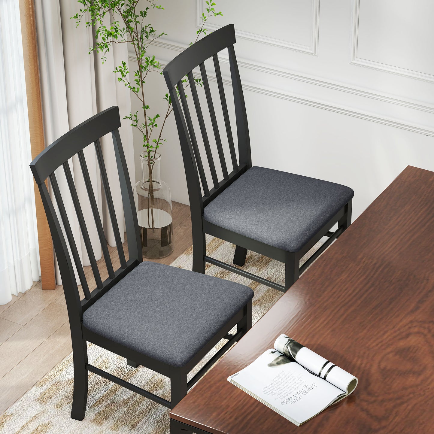 Set of 2 Farmhouse Dining Chairs - Black Upholstered Rubberwood