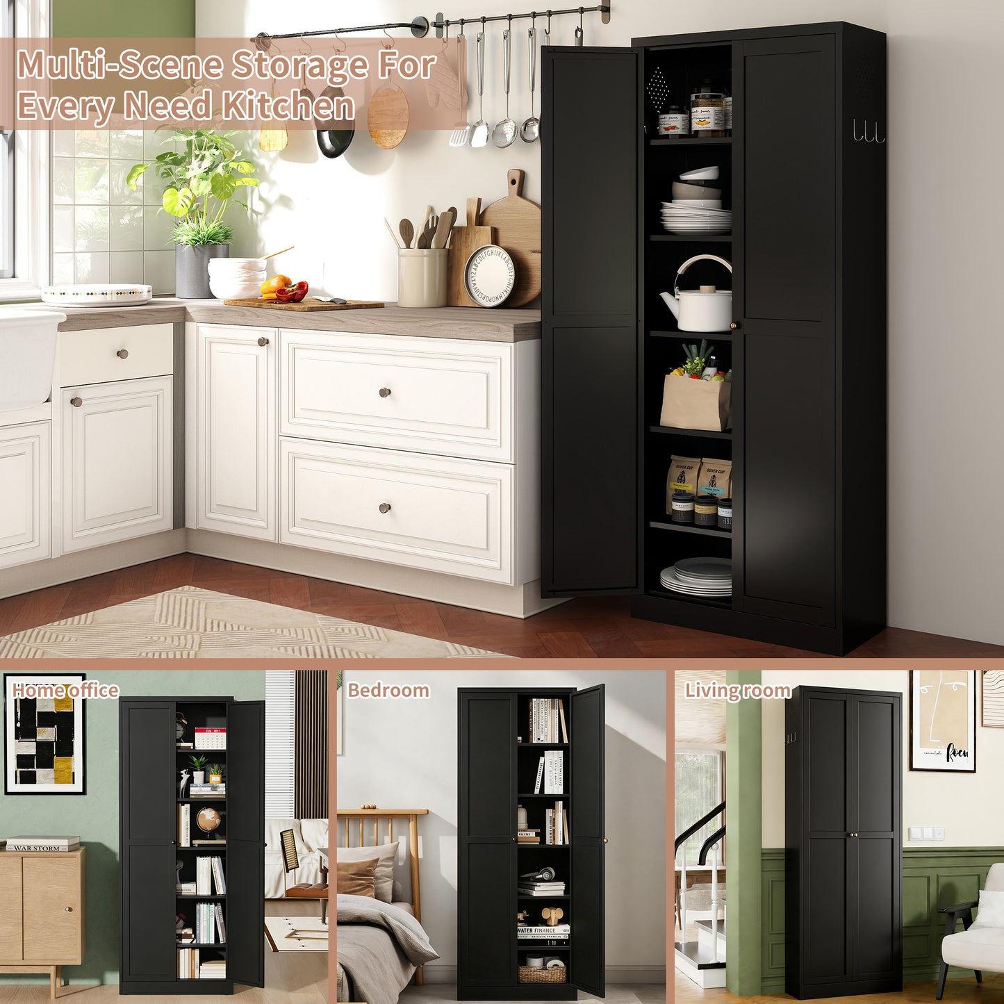 72 Black Metal Kitchen Pantry Cabinet With Doors, Heavy-Duty