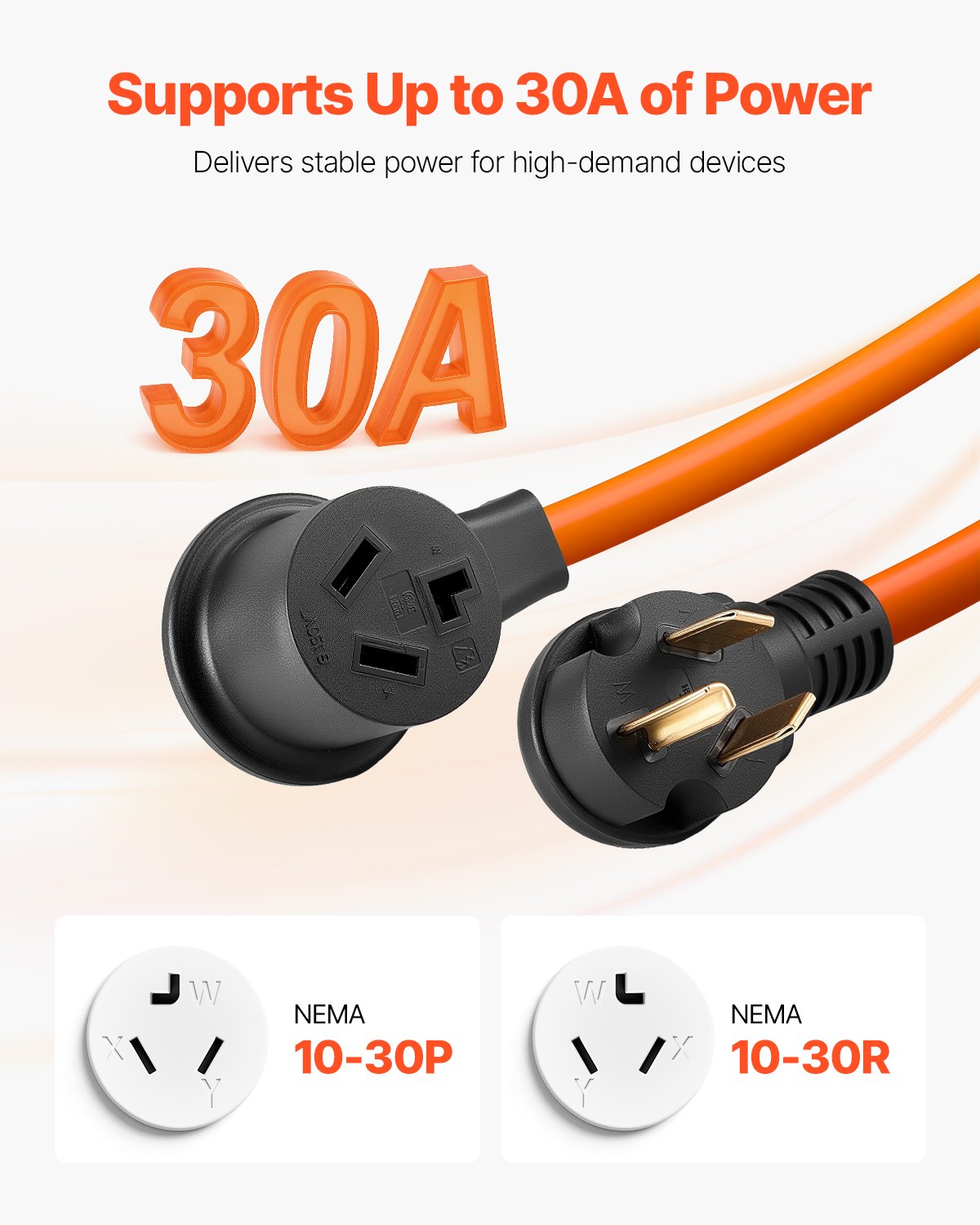 10 Ft Dryer Extension Cord 30A 3-Prong NEMA 10-30P to 10-30R Heavy-Duty Power Cable - Orange