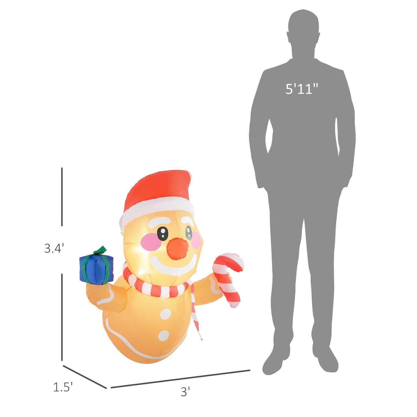 Inflatable Gingerbread Man with Gift Box & Candy Cane - LED Lights