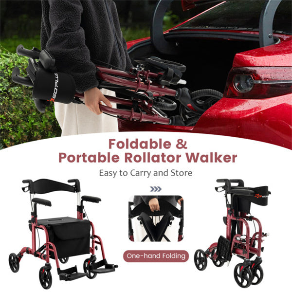 2-in-1 Rollator Walker and Wheelchair - Adjustable Handles, 300lbs Capacity, Red