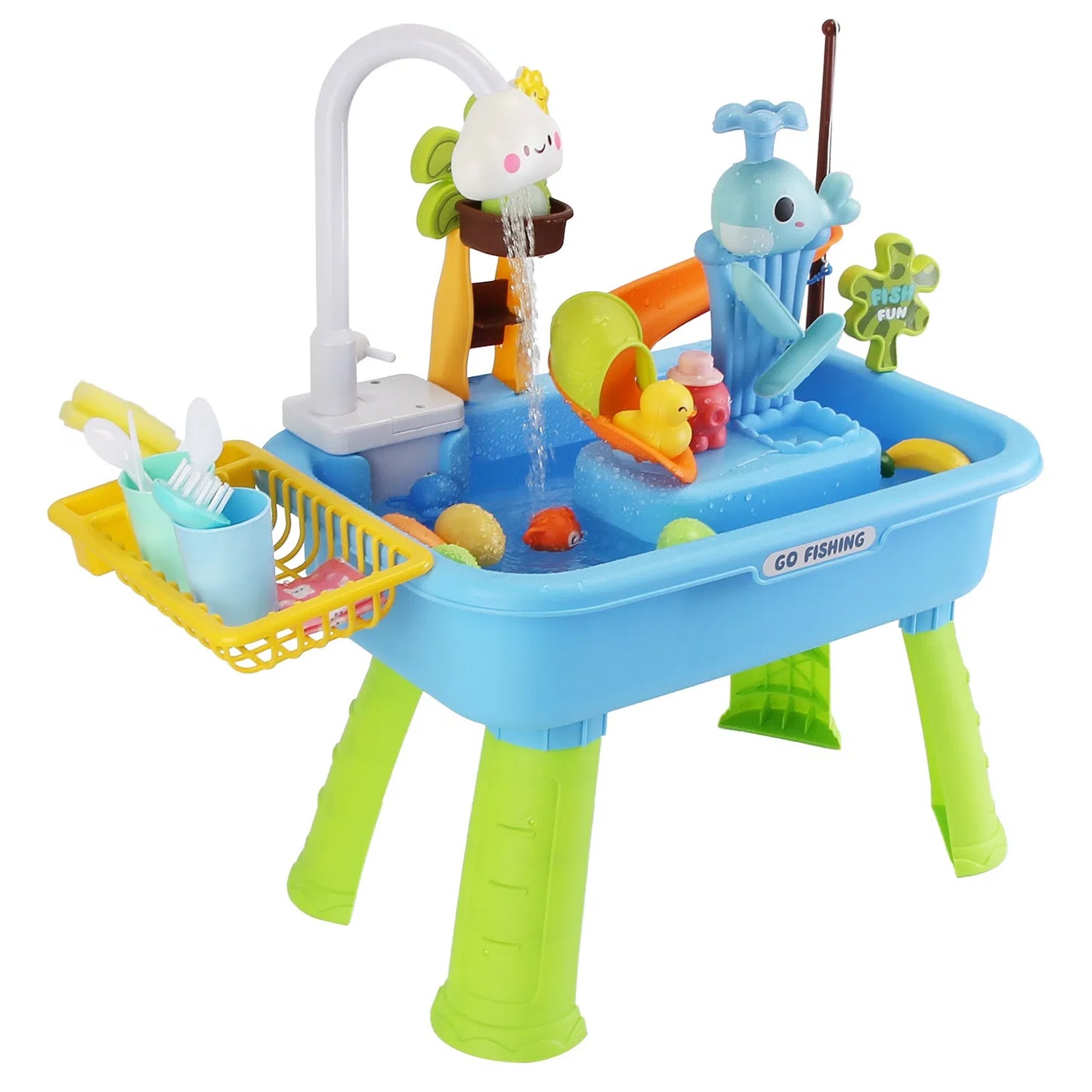 3-in-1 Kids Water Table with Electric Faucet & Fishing Game