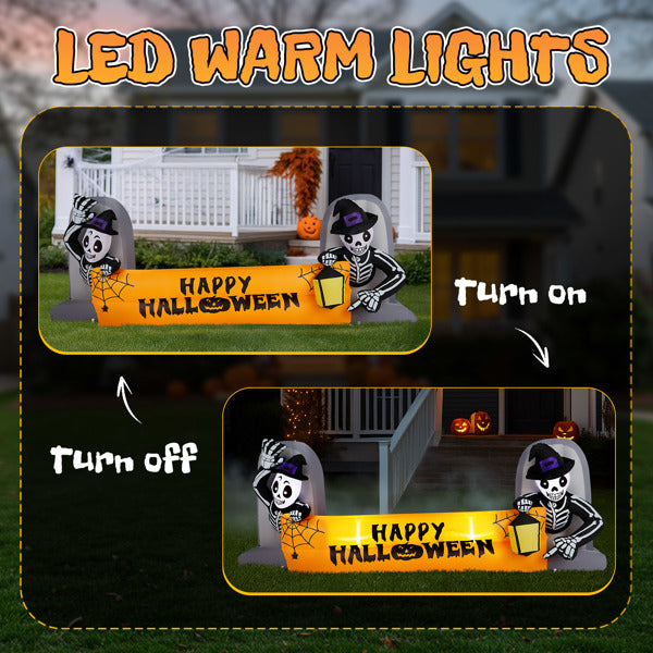 9.6FT Halloween Inflatable Skeleton Tombstone Banner with LEDs