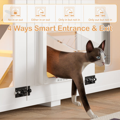 Large Cat Litter Box Enclosure with LED Light and Stairs - White