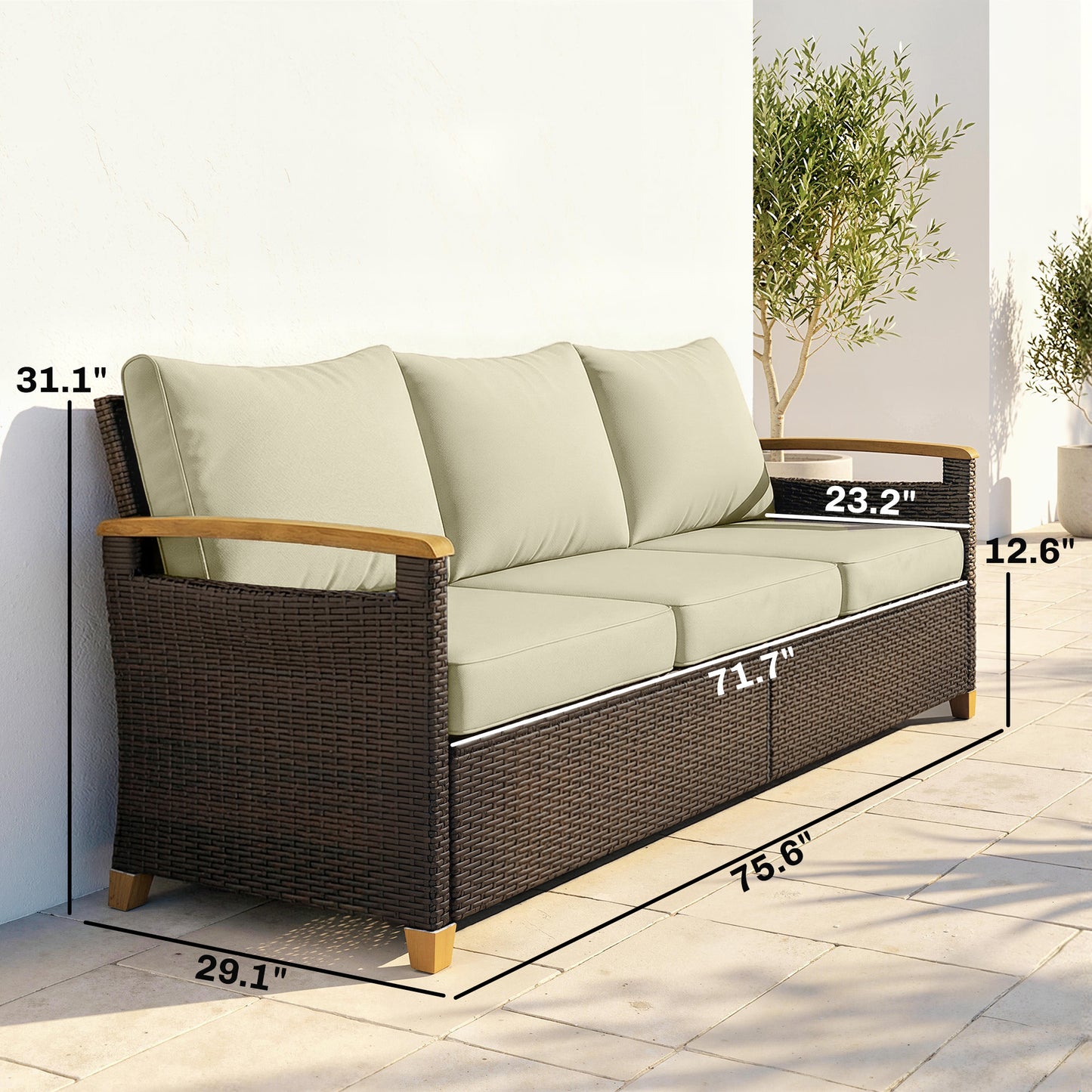 3-Seater Outdoor Wicker Couch with Cushions - Beige