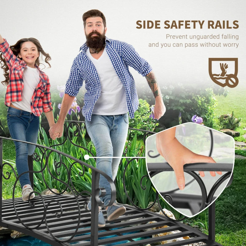 6' Metal Garden Bridge with Safety Siderails for Backyard Pond Creek - Black