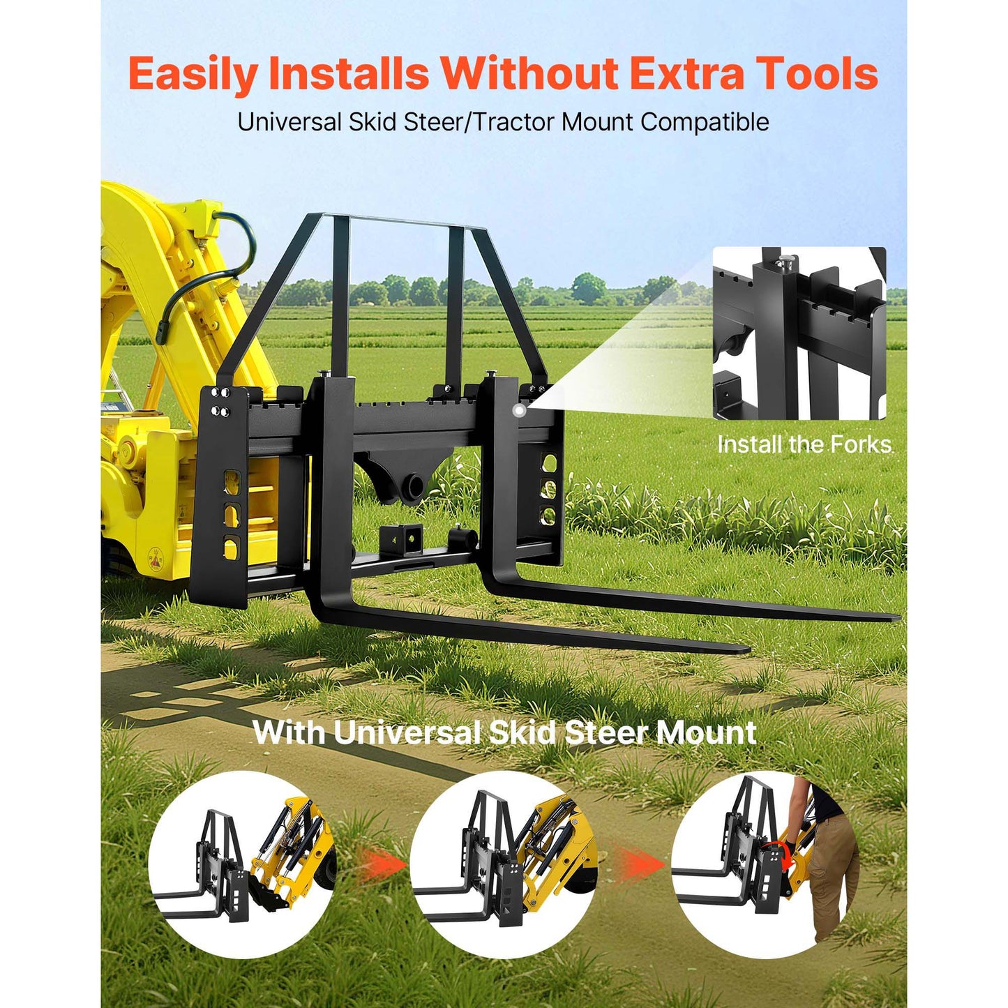 Pallet Fork Frame Attachment with 42-Inch Skid Steer Pallet Forks 4000 lbs - Heavy Duty Loader Accessory