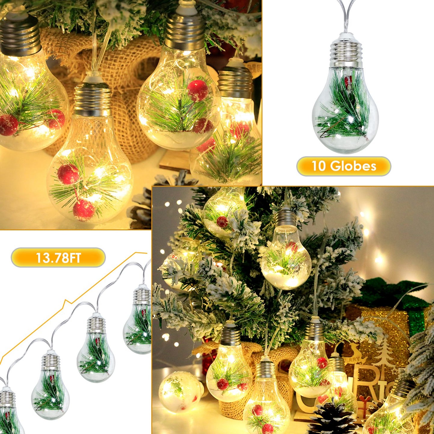 Warm White Christmas Snow Globe String Lights - 10 LED Bulbs, 13.78FT