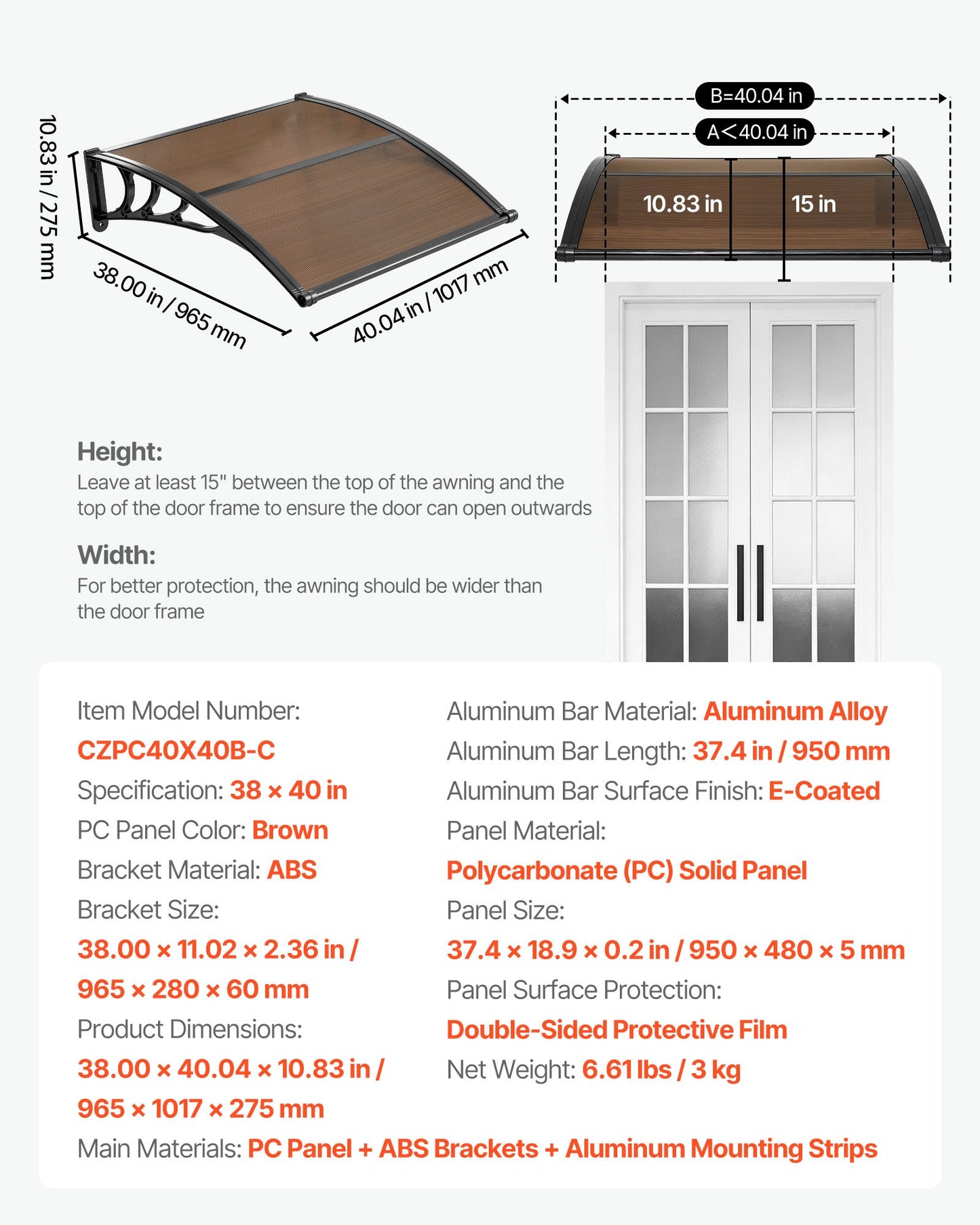 Polycarbonate Door Awning 38x40 Inch Waterproof Overhang with Drainage & Mounting Kit - Brown