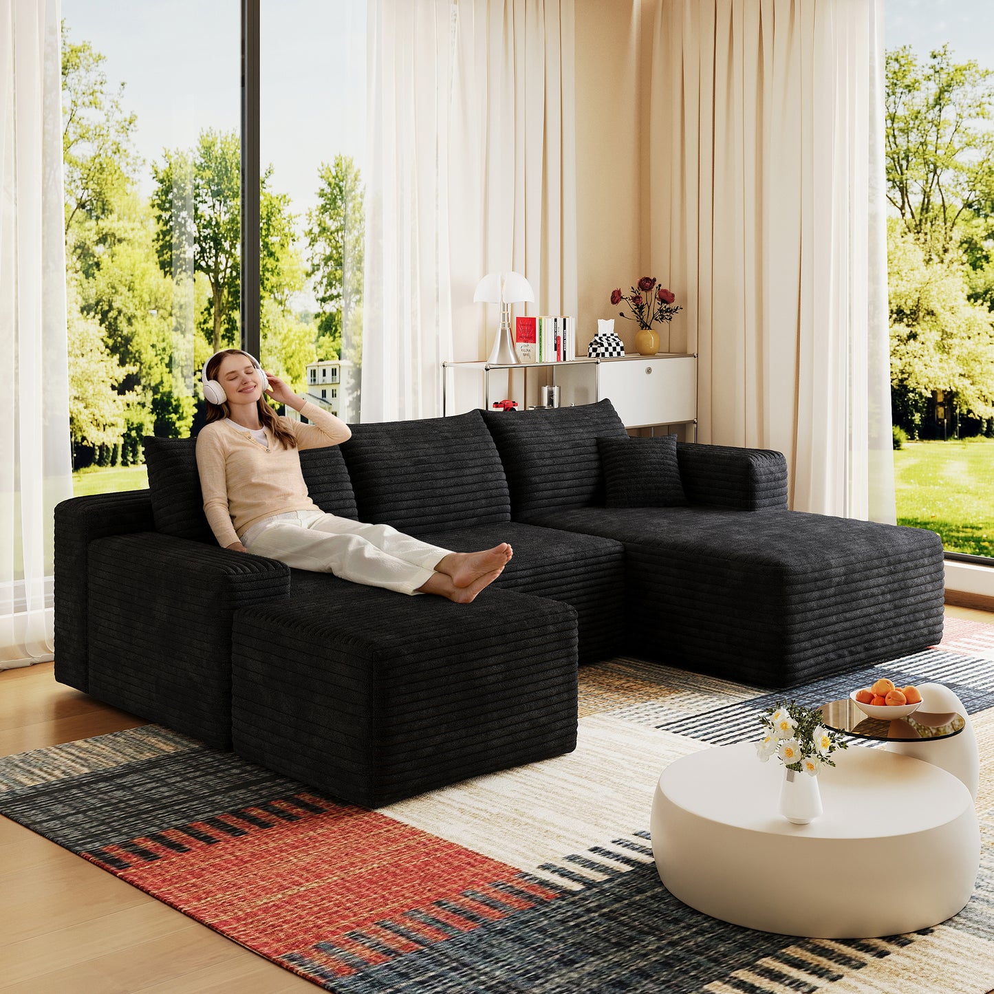 95" Cloud Sectional Sofa with Ottoman - Modern U-Shaped Couch in Black