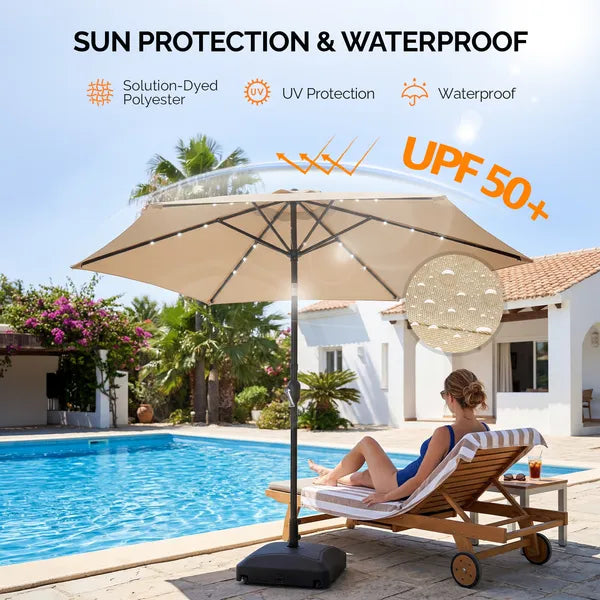9ft Solar Patio Umbrella with LED Lights - Waterproof Beige