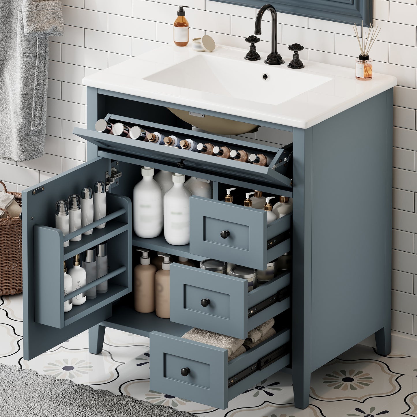 30-Inch Gray Blue Bathroom Vanity with Sink and 3 Drawers