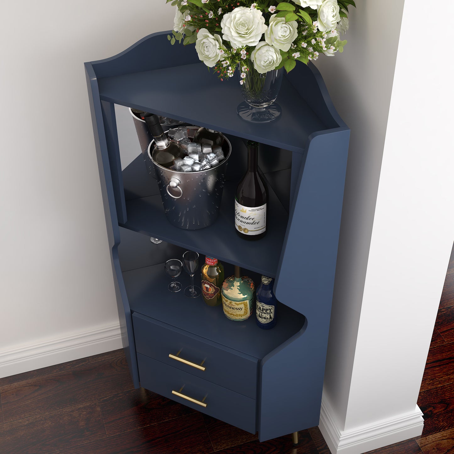 Wooden Corner Bar Cabinet With 2 Open Storage Shelves And Drawers,