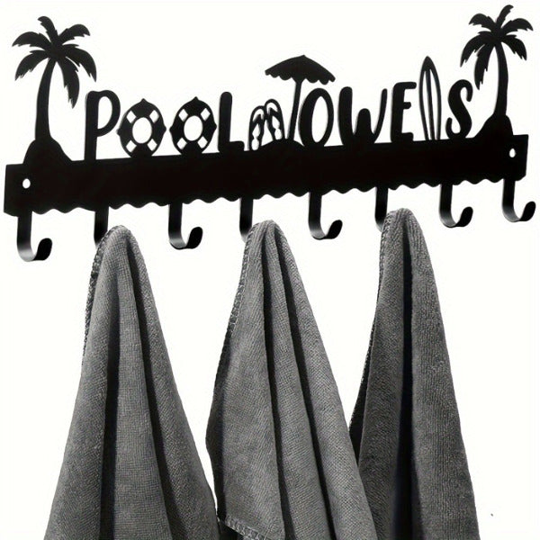 Handmade Iron Pool Towel Rack with 8 Hooks - Black