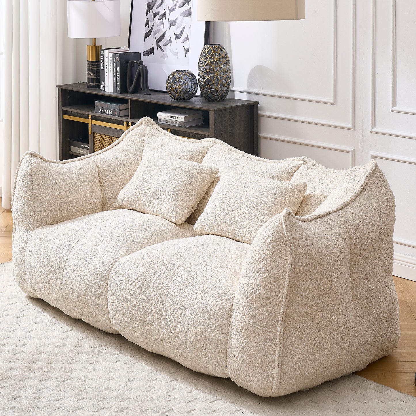 Soft Chenille Beanbag Chair for Two - Beige Recliner Sofa
