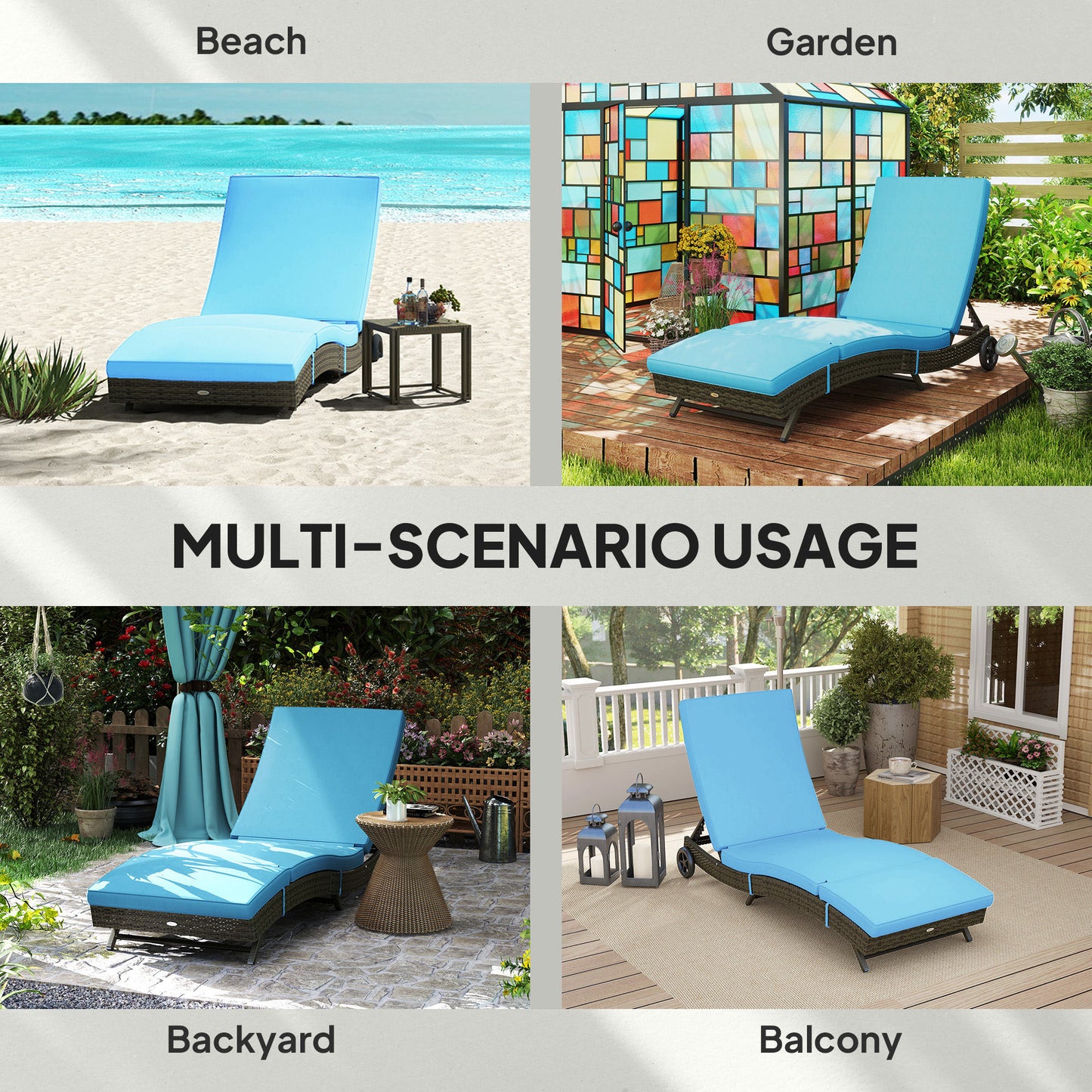 Outdoor Chaise Lounge Chair - Sky Blue PE Rattan with Wheels