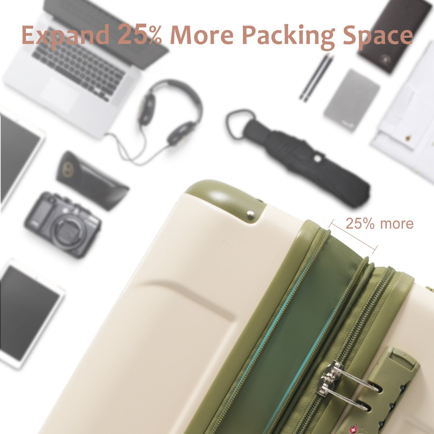 Expandable 3-Piece Luggage Set - Hard Shell ABS Suitcases with TSA Lock, 20/24/28 inch - White Green