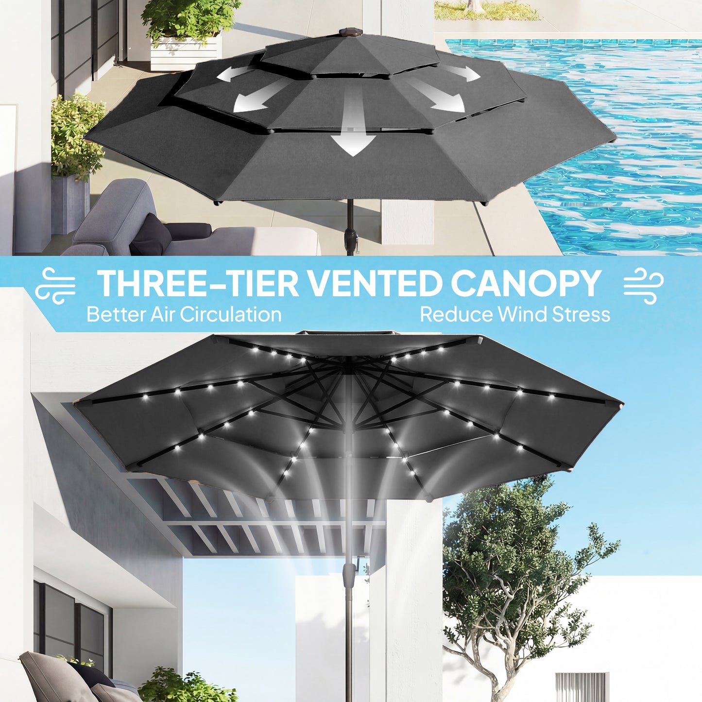 9.7 ft Outdoor Patio Umbrella with Solar LED Lights & Tilt