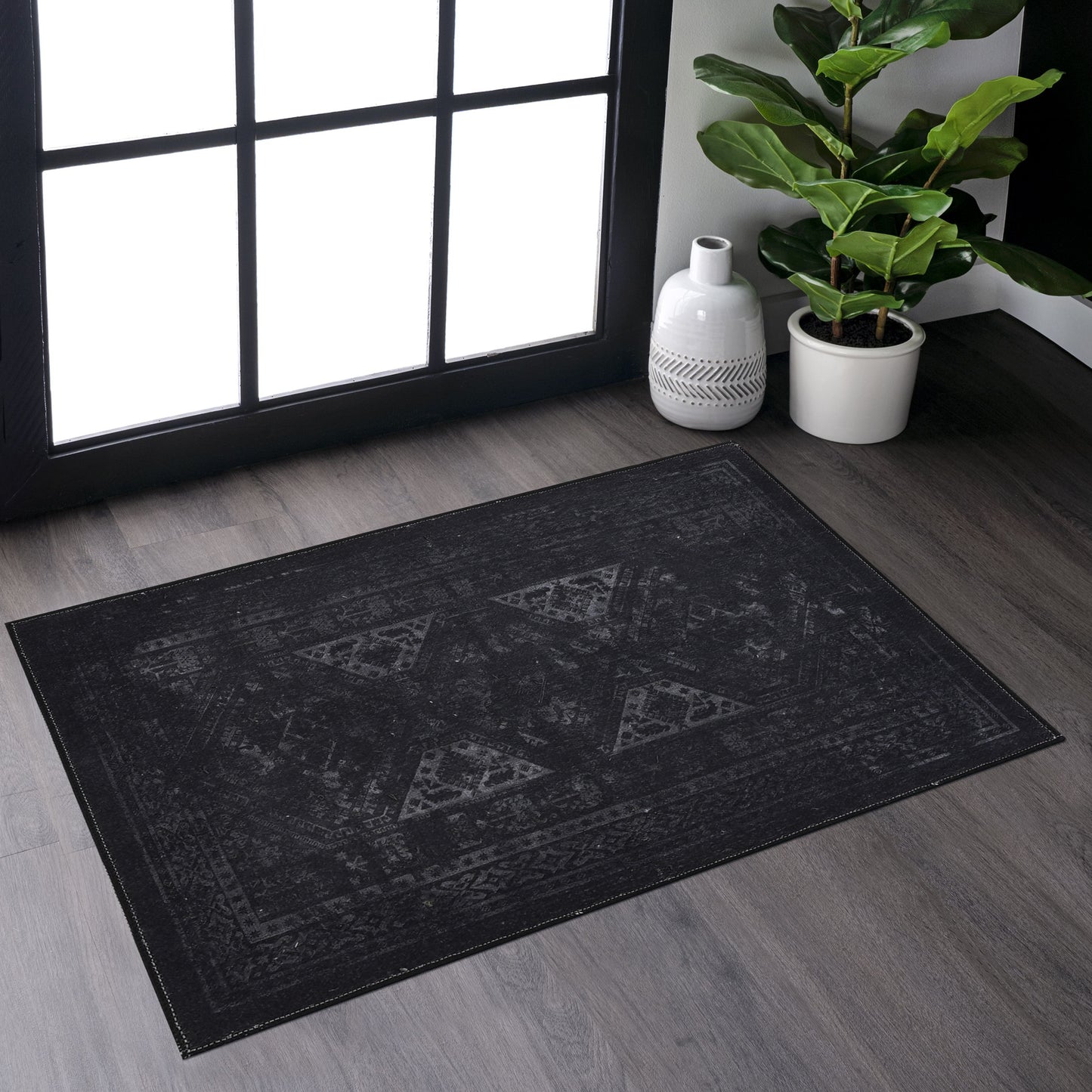 MAVAL Black Washable Rug 2' X 3' Doormat Gray,