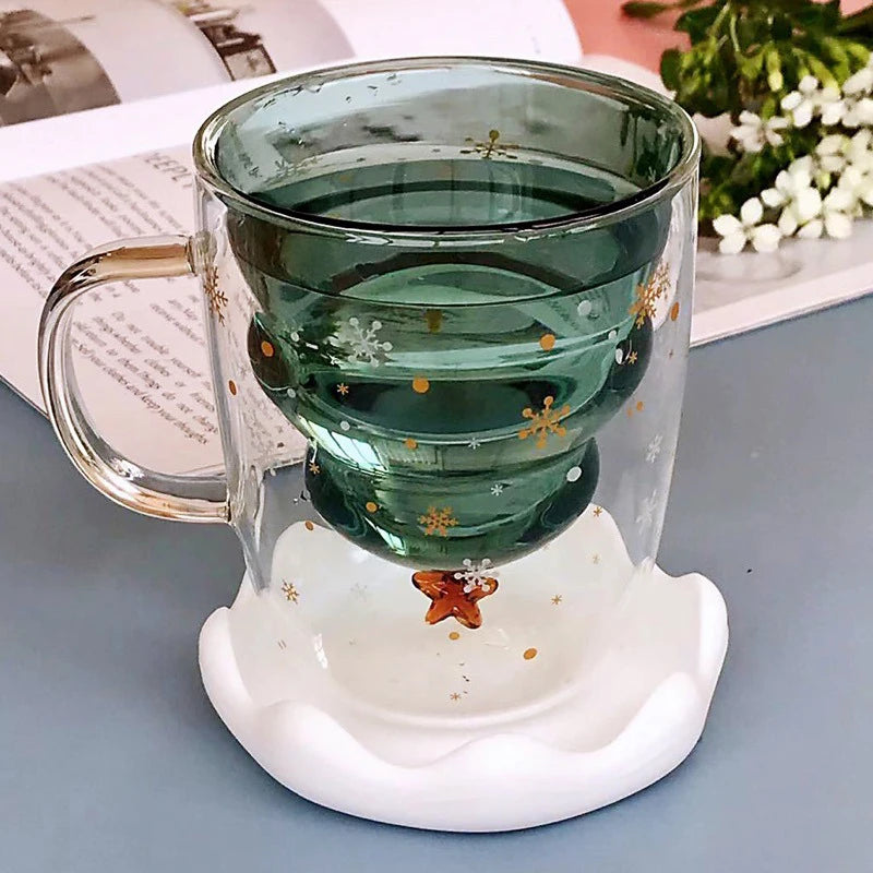 Christmas Tree Mug Double Walled Borosilicate Glass Cup with Handle - Holiday Drinkware