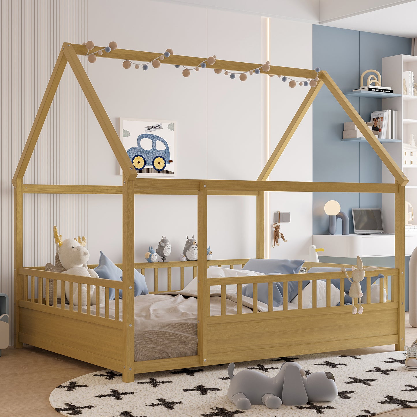 Full Size Wooden Floor Bed with House Roof Frame and Fence Guardrails - Natural