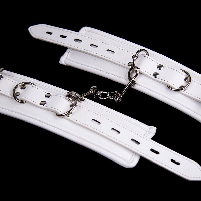 White Bondage Ankle and Wrist Cuffs Set - Spongy PU Restraints for Adult Play