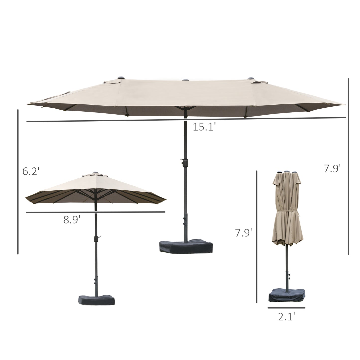 15' Double-Sided Patio Umbrella with Base - Coffee