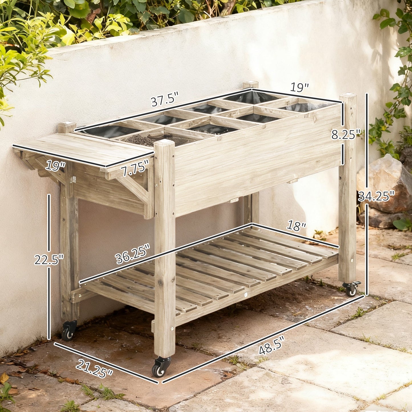 Raised Garden Bed Planter with 8 Compartments, Storage Shelf & Lockable Wheels