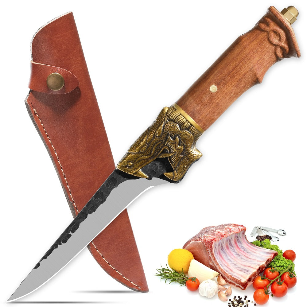 Hand Forged Camping Knife with Dragon Head Handle & Leather Sheath