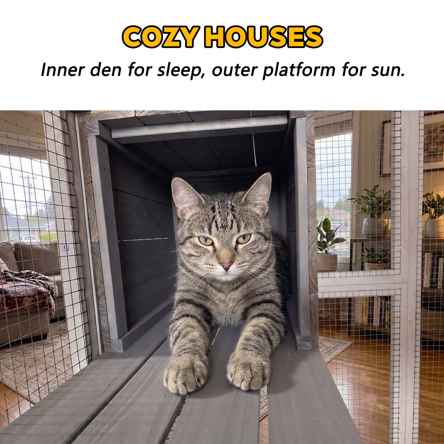 Gray Wooden Cat Enclosure with Waterproof Top, 2 Napping Boxes, Spacious & Secure