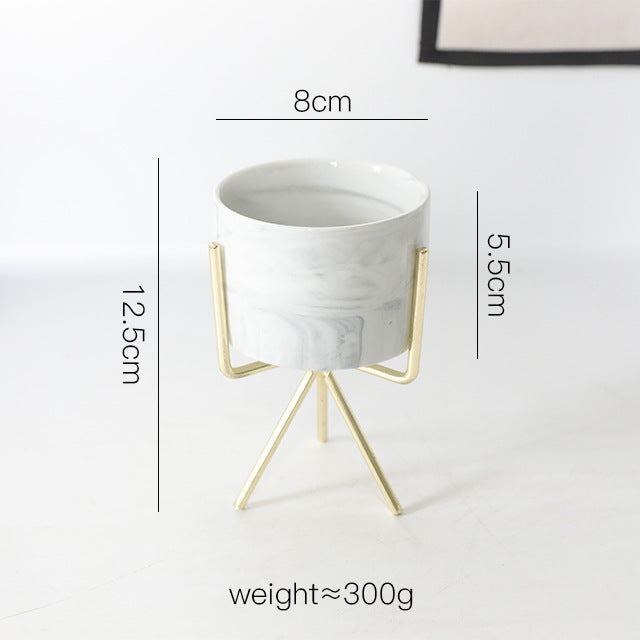 Gold-Plated Iron Frame Succulent Flower Pot with Marbling Ceramic Planter - Multiple Sizes