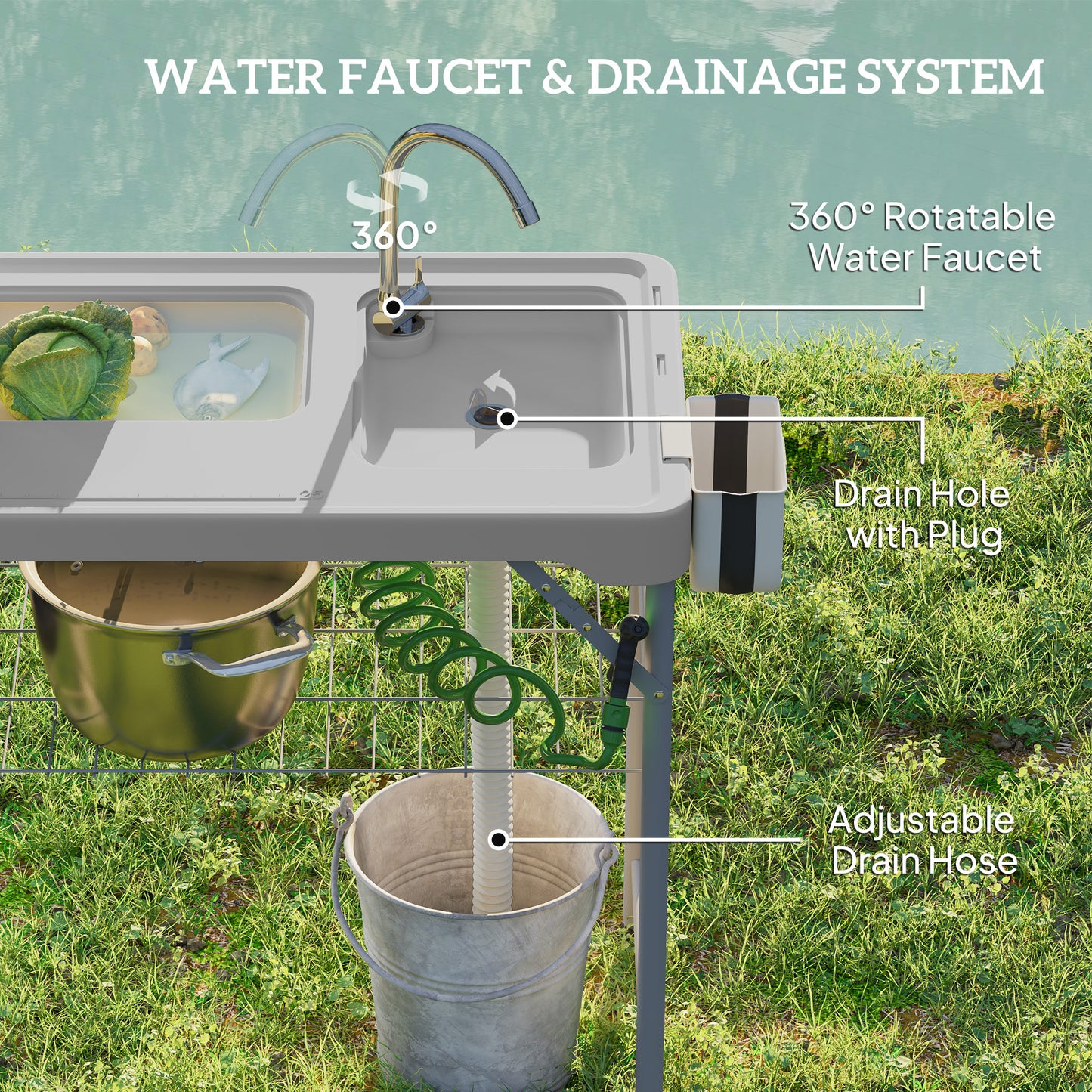 Portable Fish Cleaning Table with Sinks & Faucet - Gray