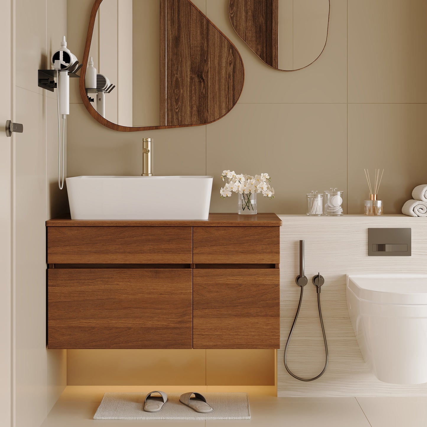 31.5-Inch Floating Bathroom Vanity with Sink - White & Walnut