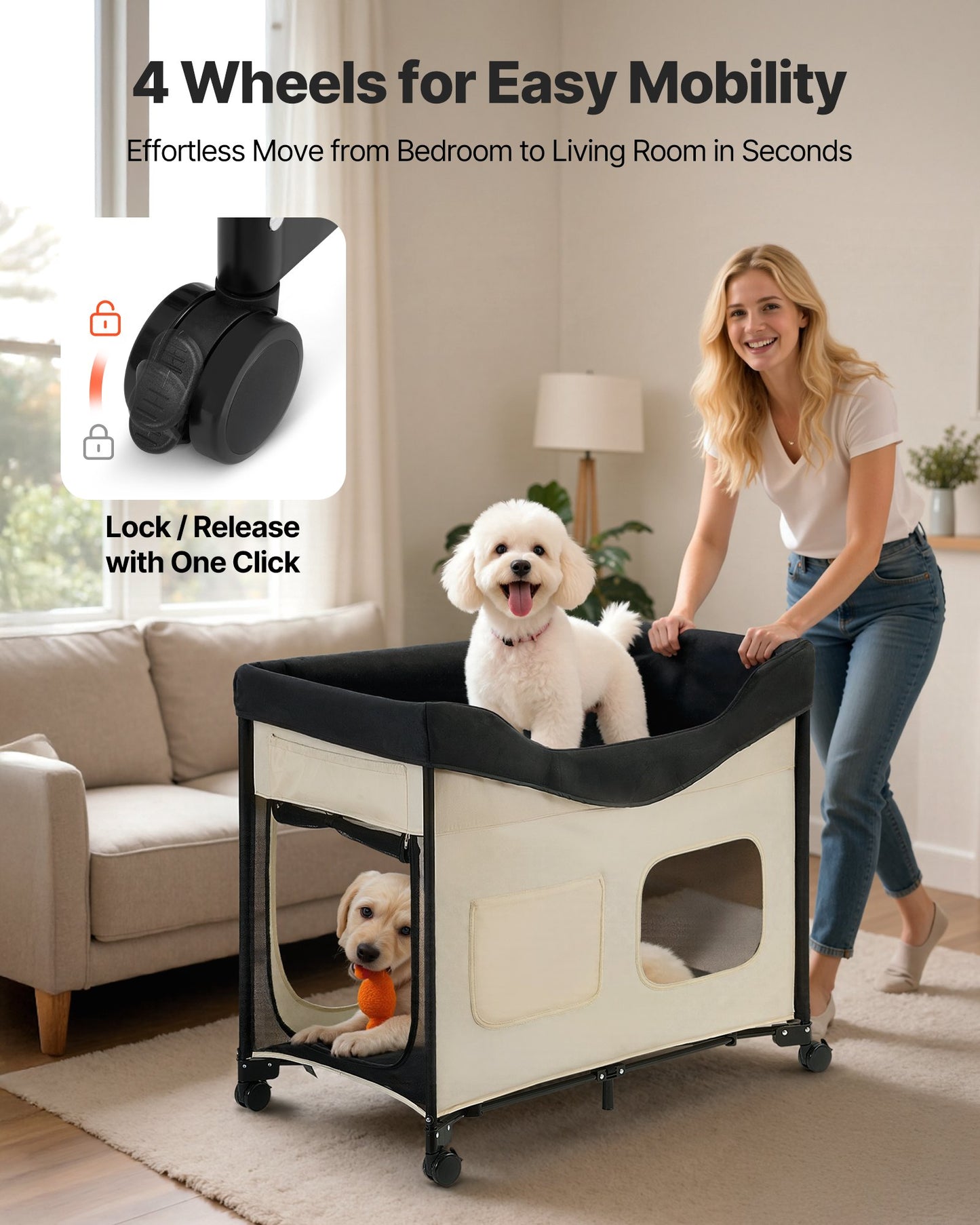 Elevated Foldable Dog Bed with Wheels & Side Storage - Beige