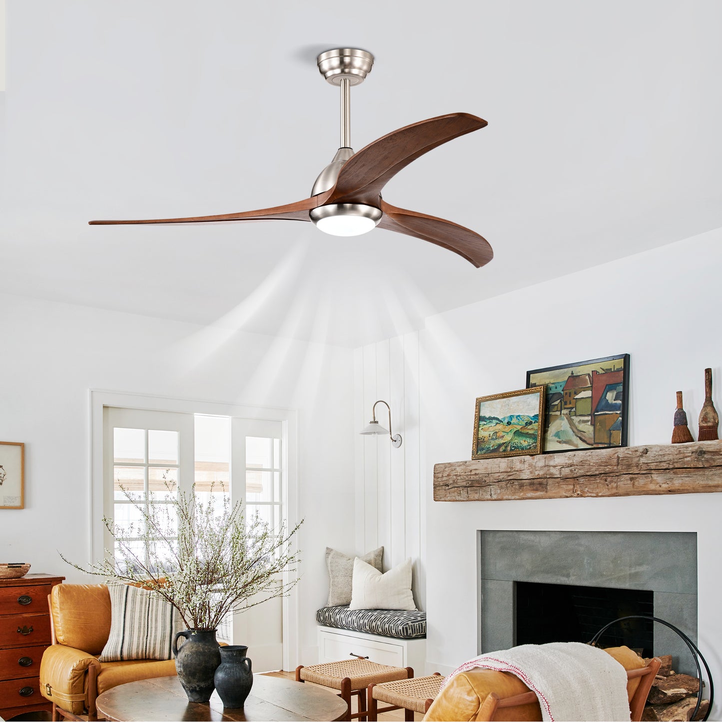 52" Solid Wood Blades Ceiling Fan with Light & Remote Control - Nickel