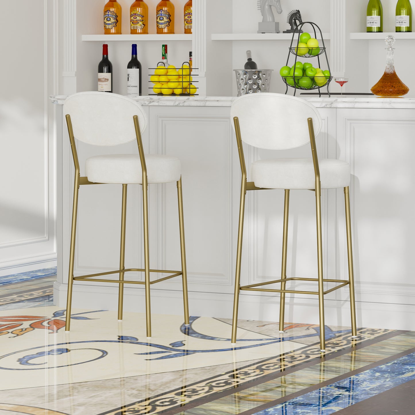 29" Velvet Bar Stools Set of 2 with Backrest & Footrest - Creamy White