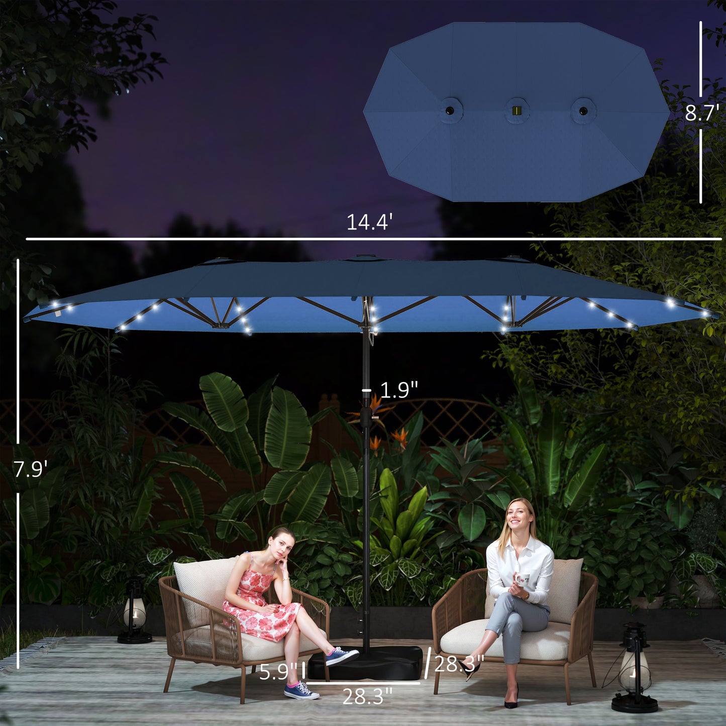 14.4ft Double-Sided Garden Parasol with Solar LED Lights - Navy Blue